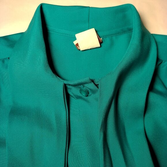 Classic Fashions Blouse Women Size 8 Teal Tie Neck Long Sleeve Button Up - Picture 10 of 11